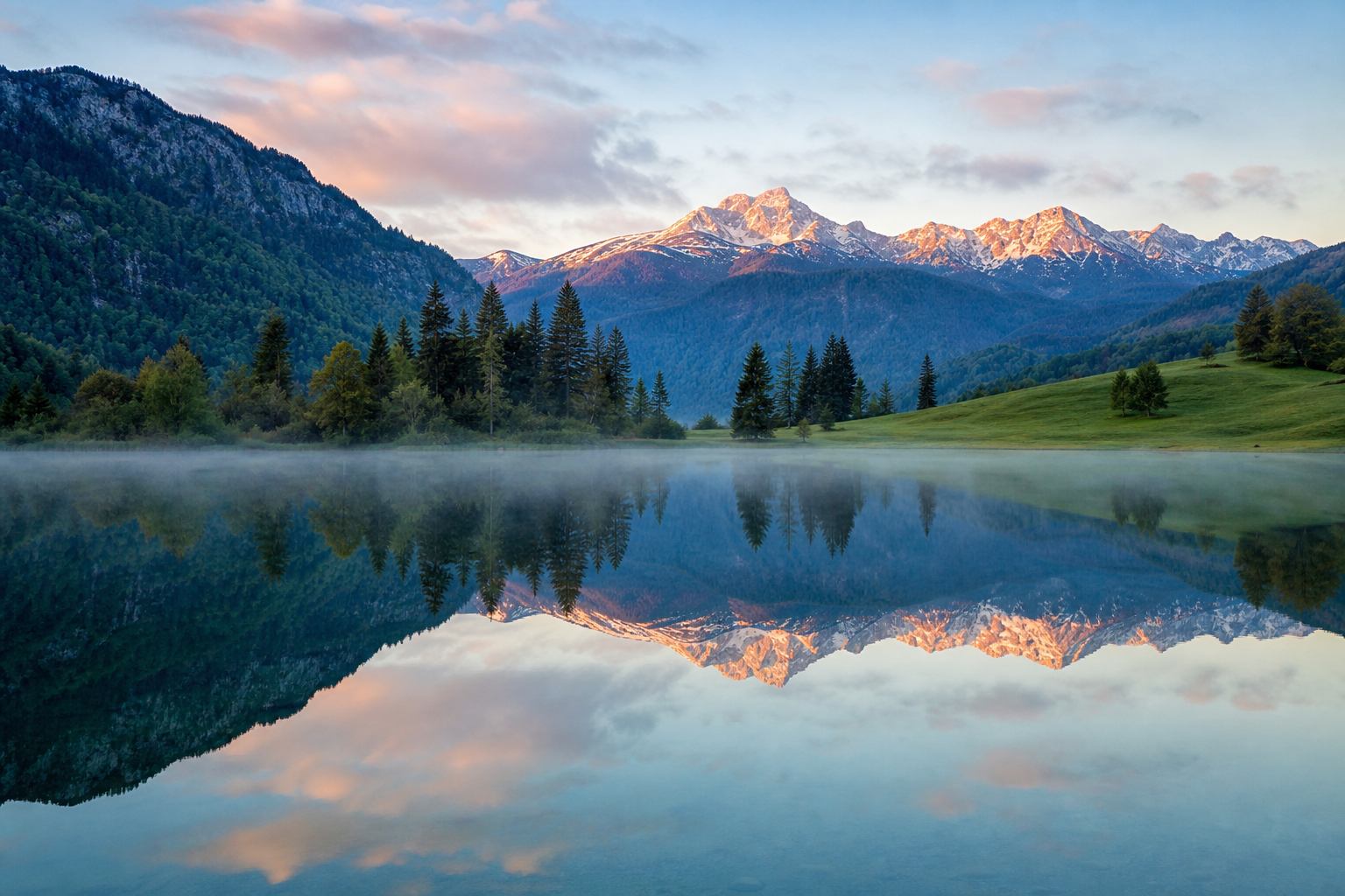 Alpensee mit Bergreflexion und klarem Ufer im bayerischen Alpenvorland