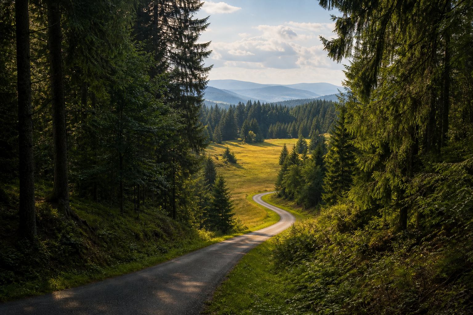 Schwarzwald-Hochstraße mit dichten Tannen und Nebelschwaden